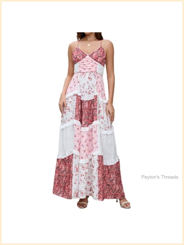 Spaghetti Strap V-Neck Floral Maxi Dress Tiered Boho Sundress